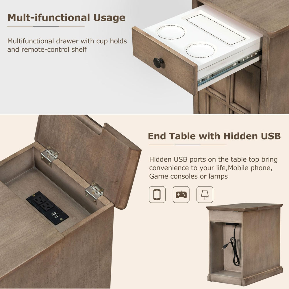 Traditional Wood Narrow End Table with Charging Station, Modern Vintage Sofa ...