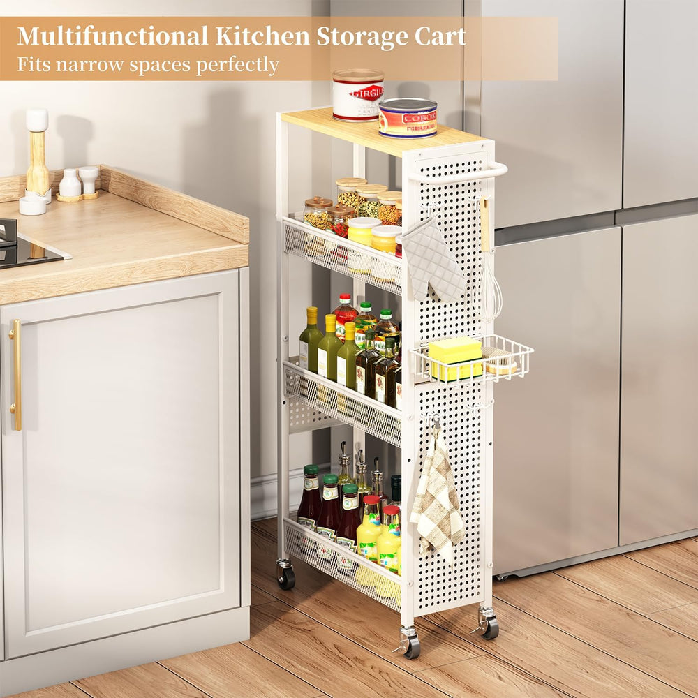 Slim Storage Rolling Cart: 4-Tier Narrow Metal & Wood Utility Cart with W...