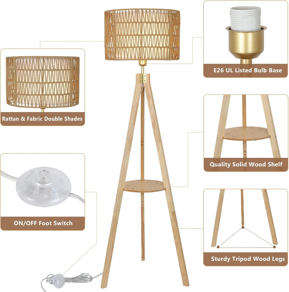 LAMSU Oak Wood Tripod Floor Lamps for Living Room, Boho Floor Lamp with Shelv...