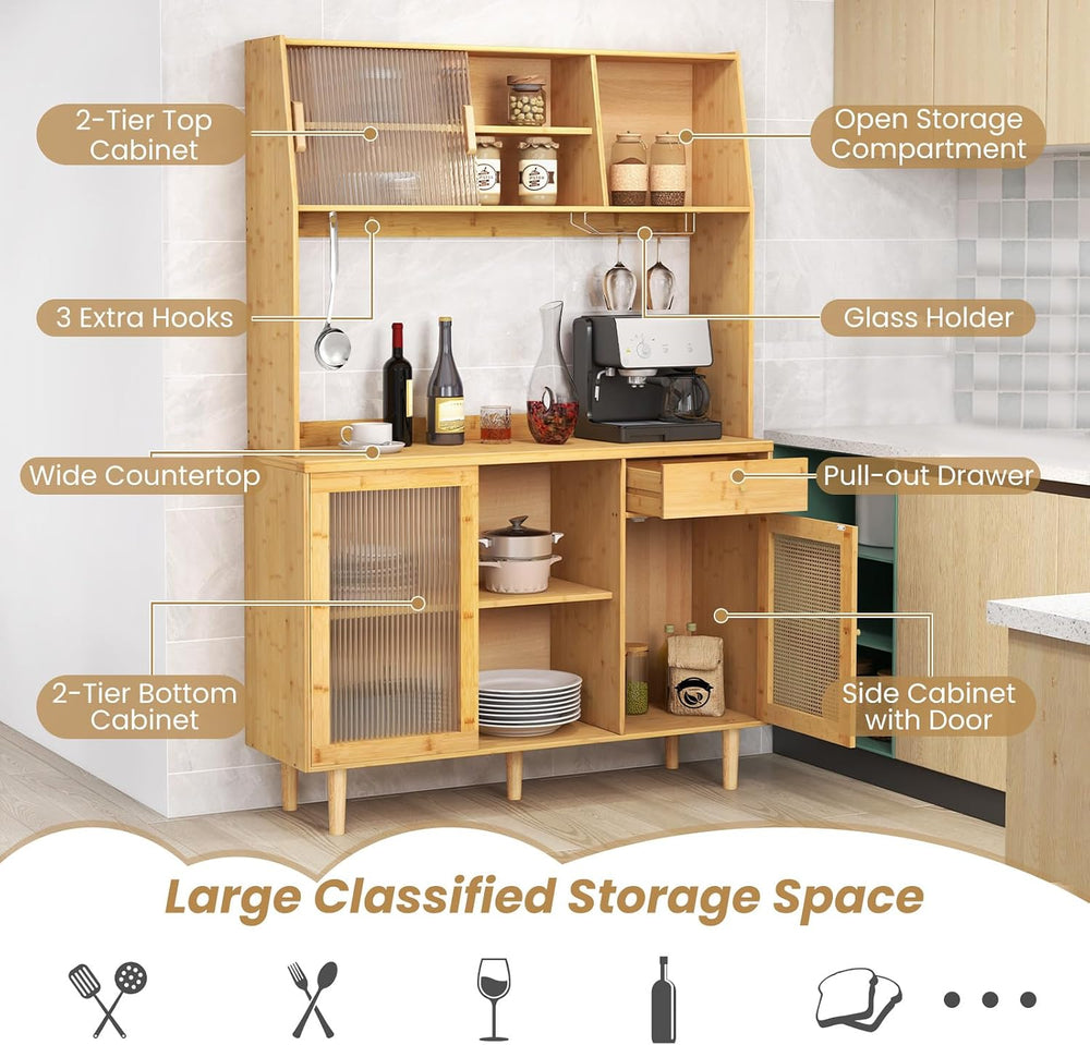 67" Tall Kitchen Pantry Storage Cabinet, Bamboo Hutch Cabinet with Micro...