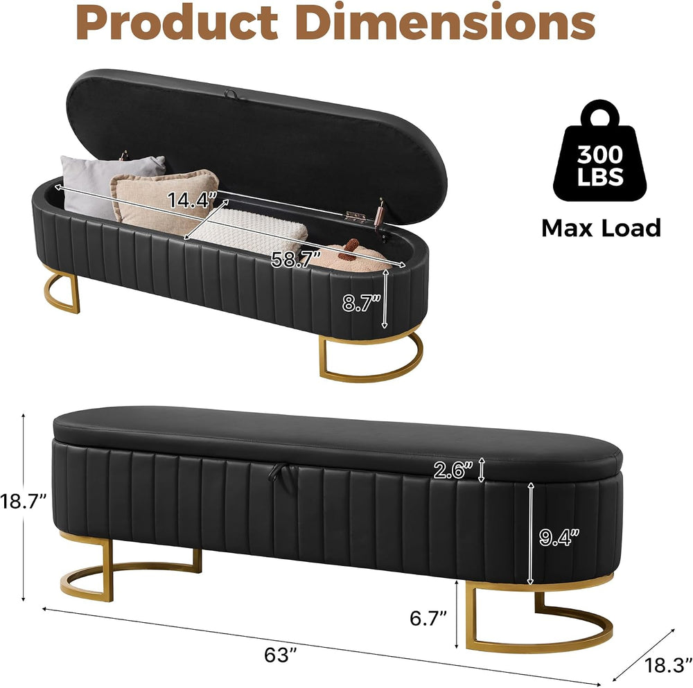 Storage Ottoman Bench, 63" Faux Leather End of Bed Bench Bedroom Bench K...