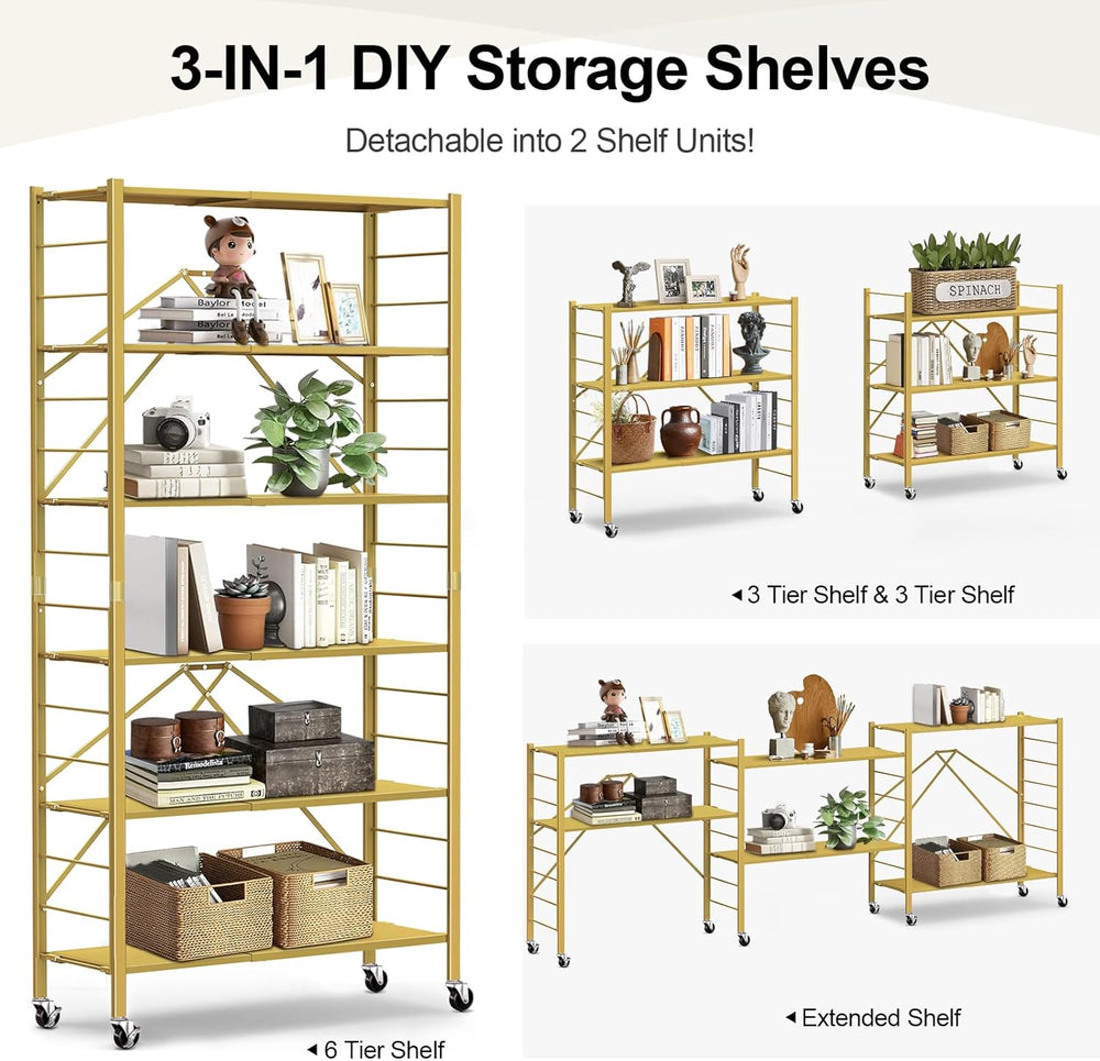 6-Tier Foldable Storage Shelves Expandable Shelf Wheels Gold 2-in-1