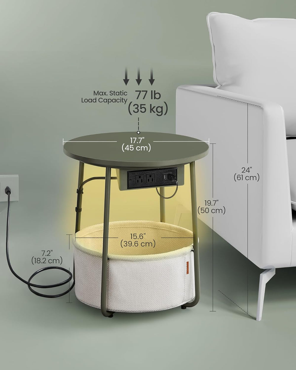 VASAGLE LILEA Collection - Side Table with Charging Station, Round End Table ...