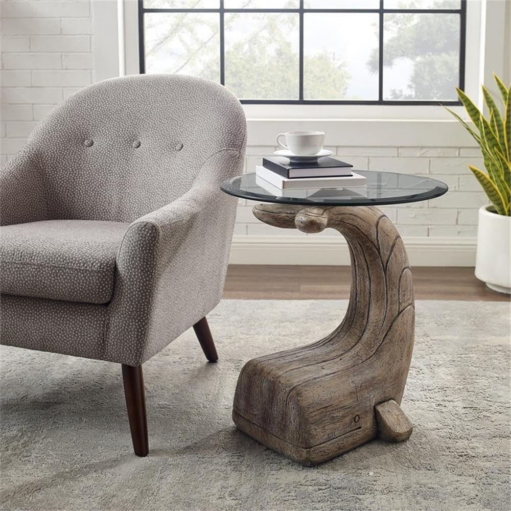 MAKLAINE Whale Sculptured Accent Table, 23 in Tall, Resin Base with Driftwood...