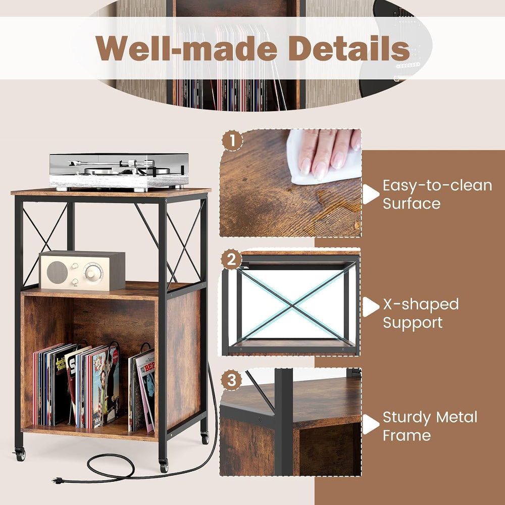 LOKO 3-Tier Rolling Record Player Stand, Mobile Turntable Stand with Power Ou...