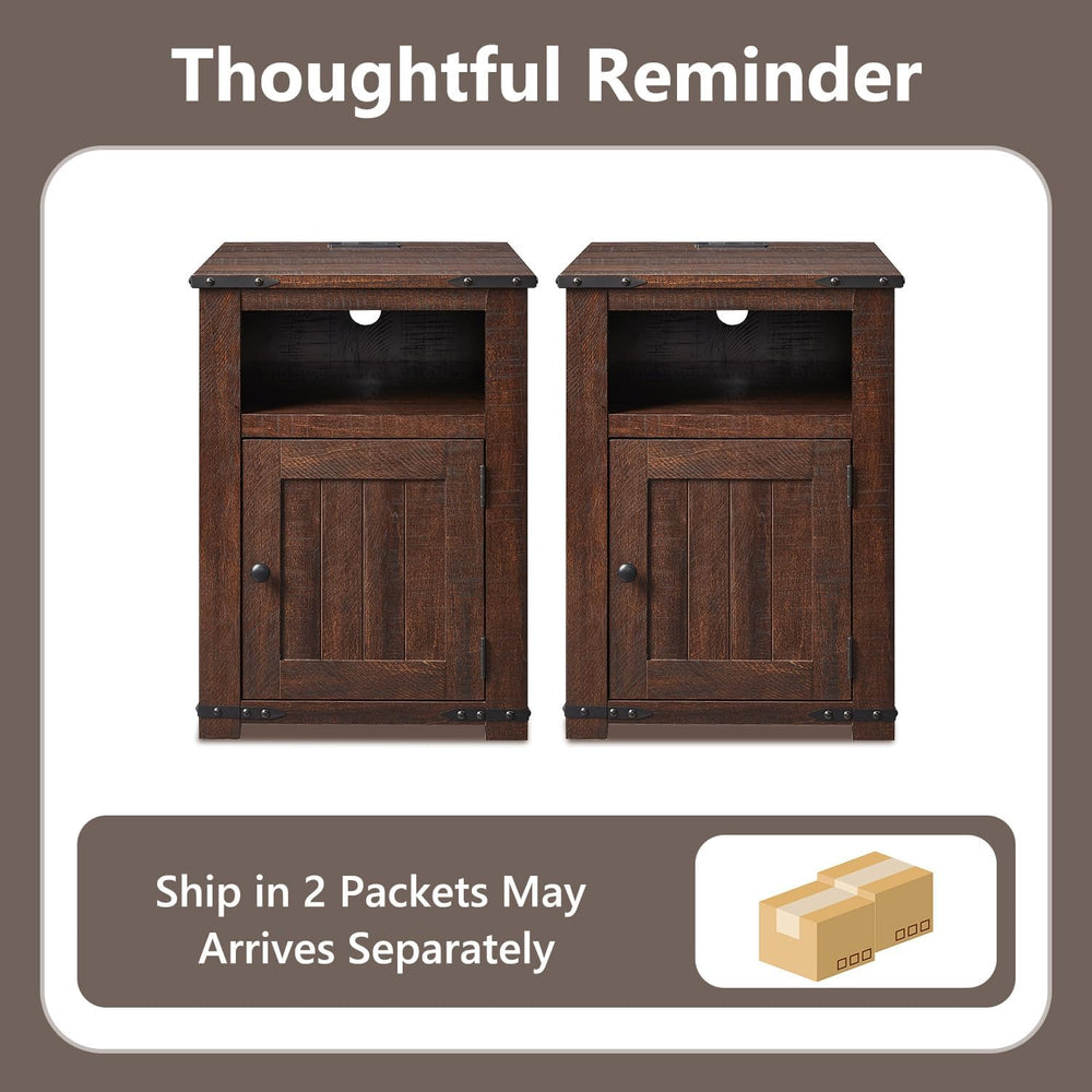 Farmhouse Night Stands Set of 2, 20" End Table w/Charging Station, Rusti...