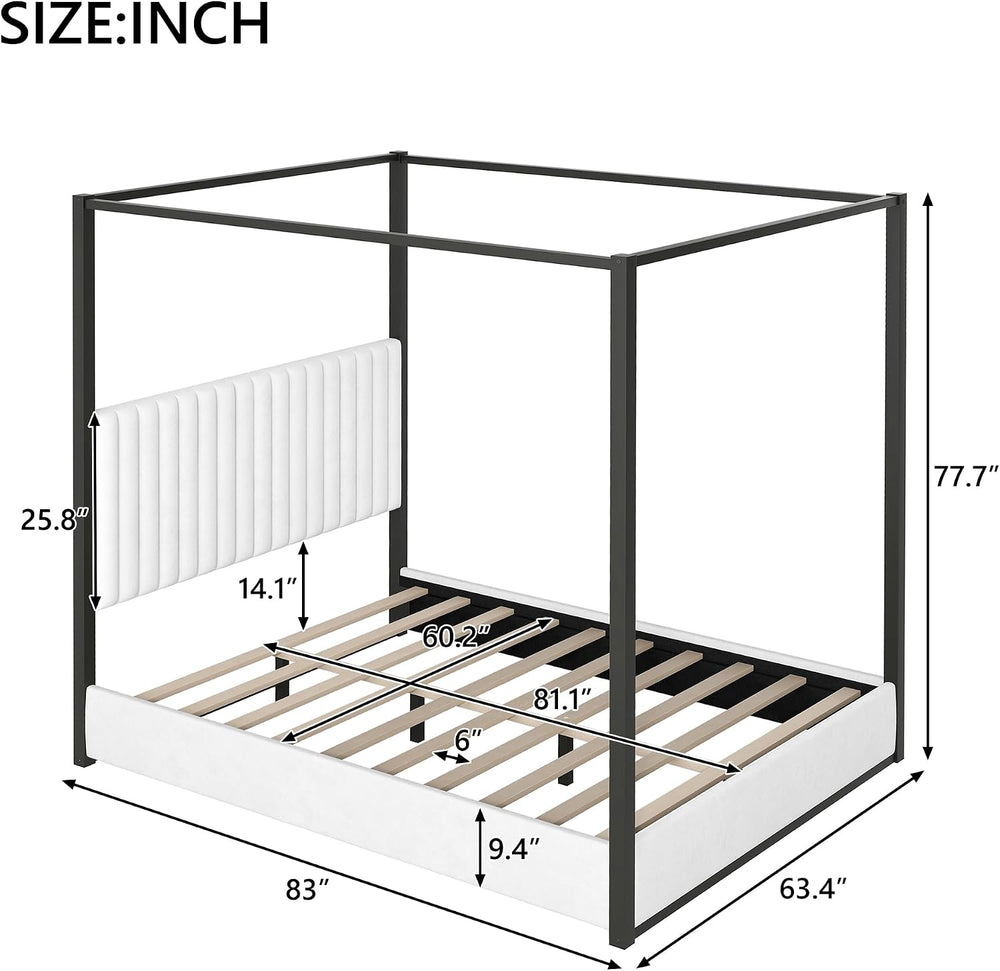 LUMISOL Queen Size Upholstered Canopy Bed, 4-Poster Platform Bed with Tall He...