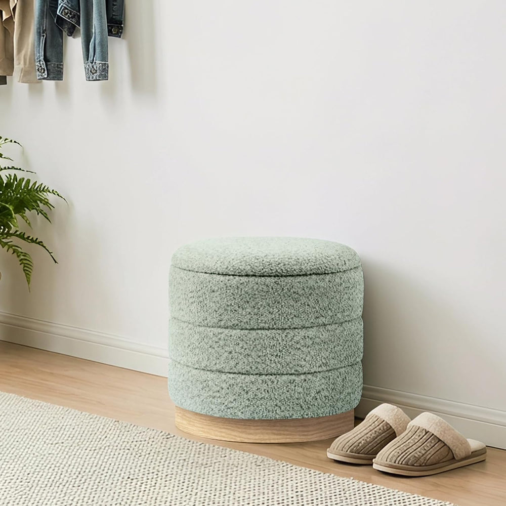 Round Storage Ottoman with Reversible Tray Lid, Folding Chenille Fabric Footr...