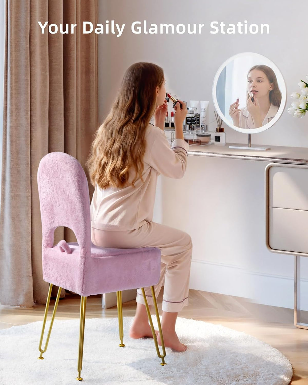 Pink Vanity Chair with Storage and Back for Teens - Faux Fur Makeup Vanity St...