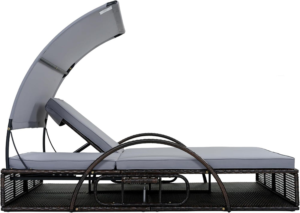 Outdoor Sun Lounger with Adjustable Backrest,Canopy, Patio Double Sunbed with...