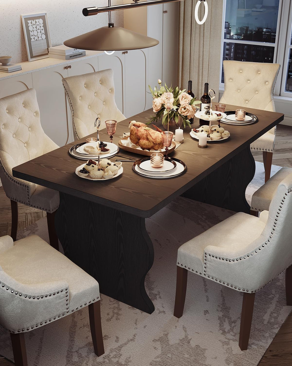 LITTLE TREE Modern Dining Table for 4-6 People, 63 Inch Rectangular Kitchen T...