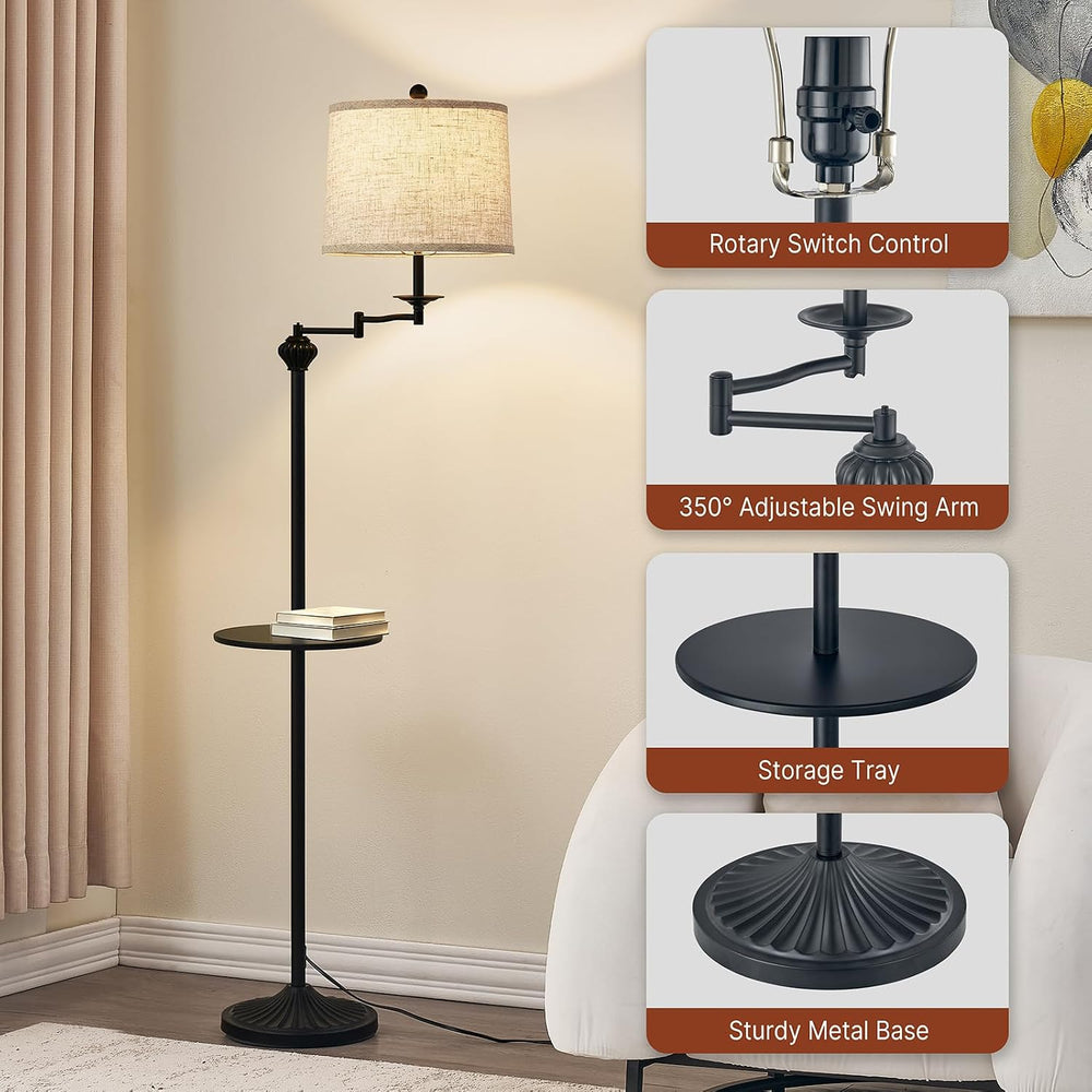 Floor Lamp with 350° Adjustable Swing Arm, Standing Lamp with Storage Tray