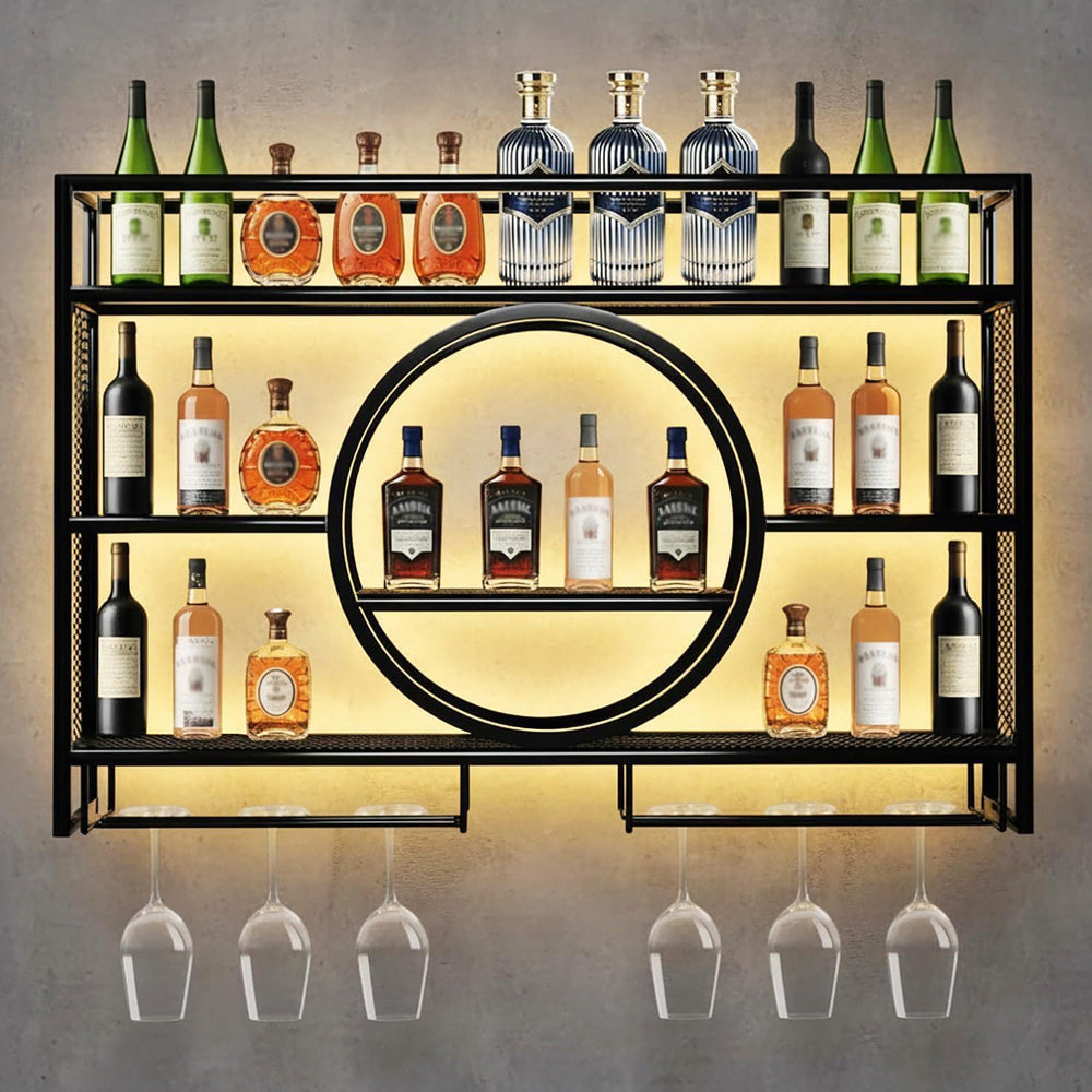 39 Inch Bar Shelves Wall Mounted Wine Rack with LED Light | 3 Tier Large Capa...