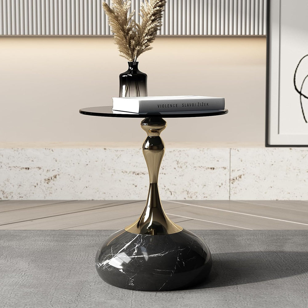 Lartis 10mm Gray Tempered Glass Side Table with Marble-Finish Base & Nano...