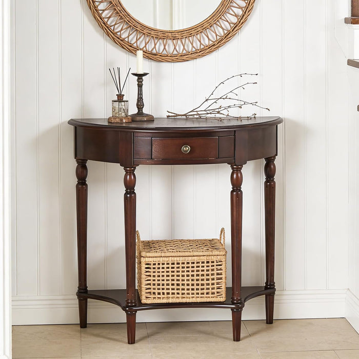 Solid Wood Console Table with Drawer and Shelf,Half Moon Porch Table,Semi Circle Entryway Table,Vintage Sofa Table for Living Room, Hallway & Entrance Decor