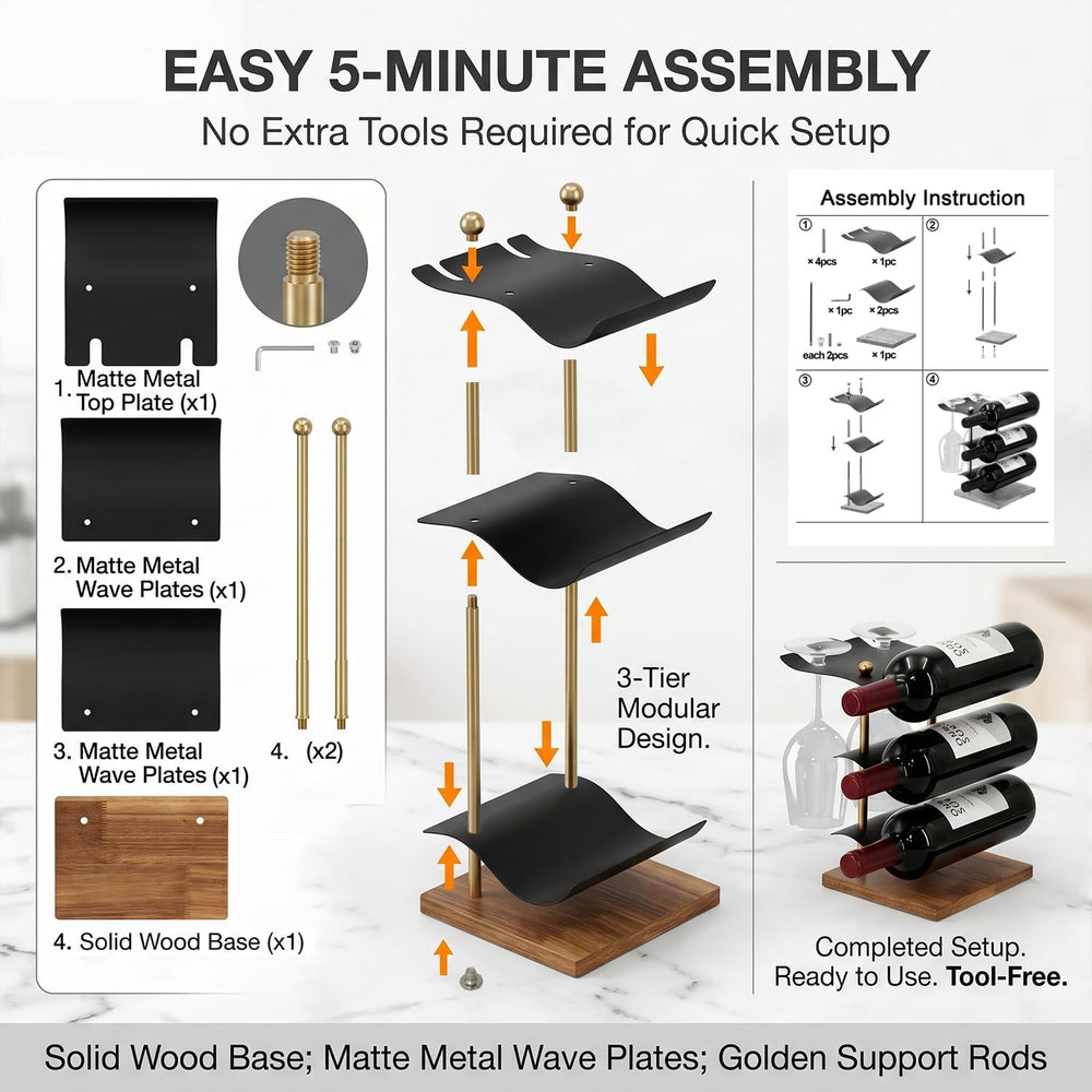 Modern Abstract Wine Rack, Black Metal Wine Holder with Wood Base, 3 Bottle W...