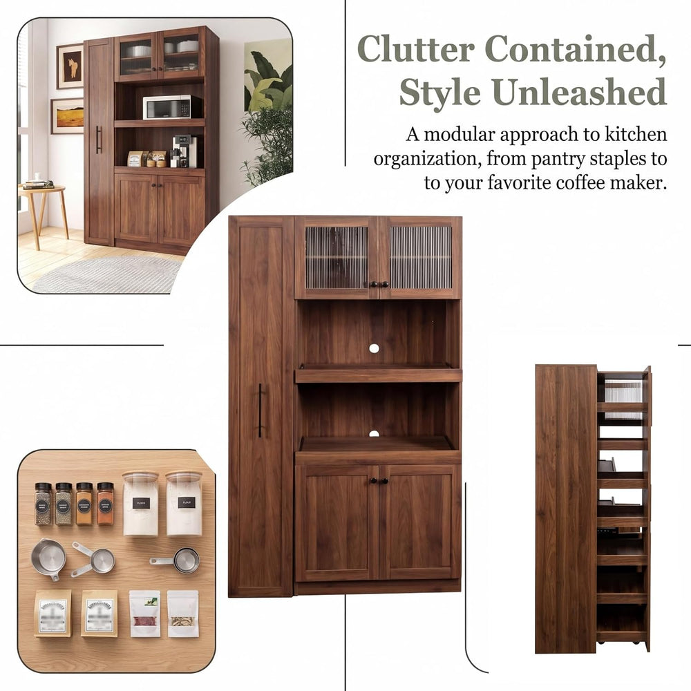 70.87" H Walnut Farmhouse Kitchen Pantry Cabinet, 4-Door Pull-Out Multi-...