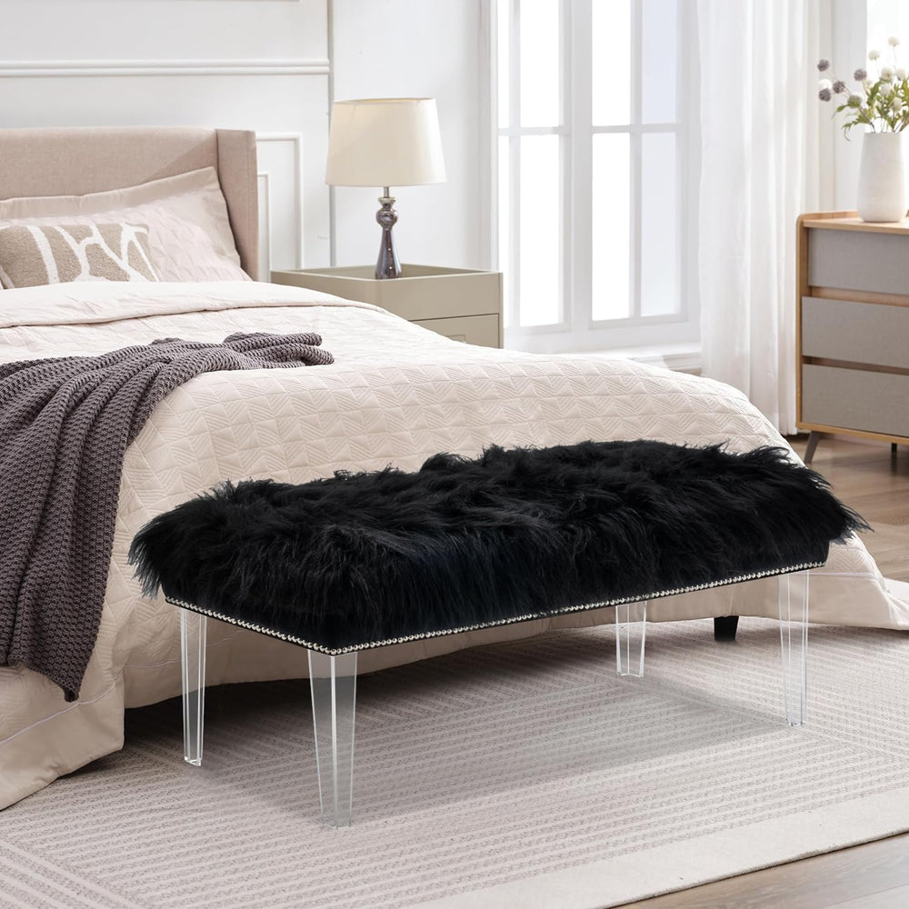 Modern Black Faux Fur Ottoman Bench - Upholstered Furry Bench with Acrylic Le...