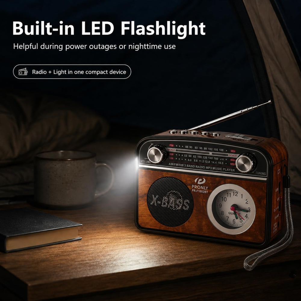 Portable AM/FM Radio with Bluetooth, Vintage Style Emergency Radio with Clock...