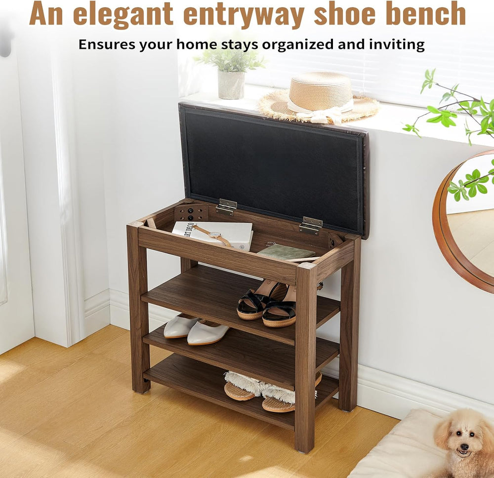24" Short Entryway Shoe Storage Bench with Cushion, Height Adjustable 3-...