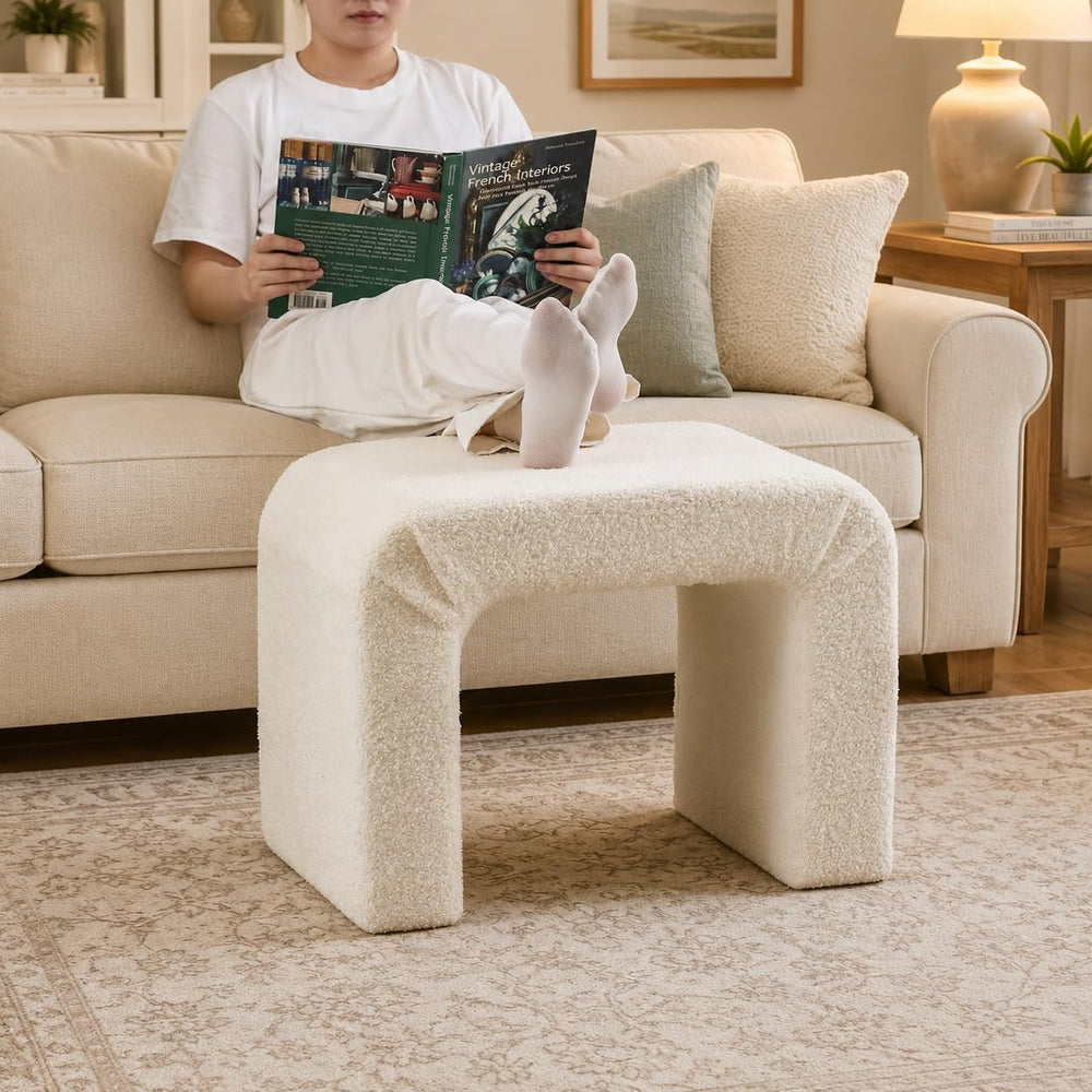 Modern Boucle Ottoman Footstool, 24" Arched Upholstered Vanity Stools fo...
