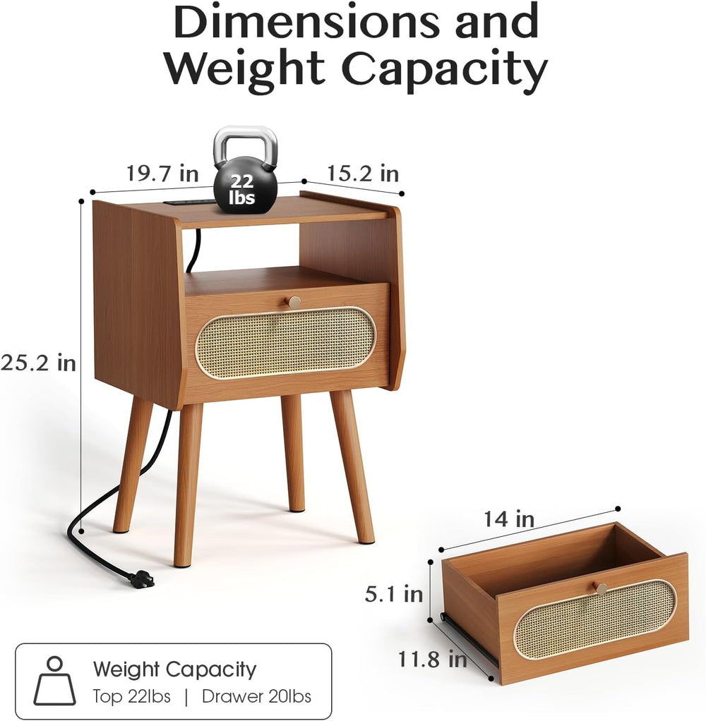 Nightstands Set of 2,Mid Century Modern Side Table with Charging Station &...