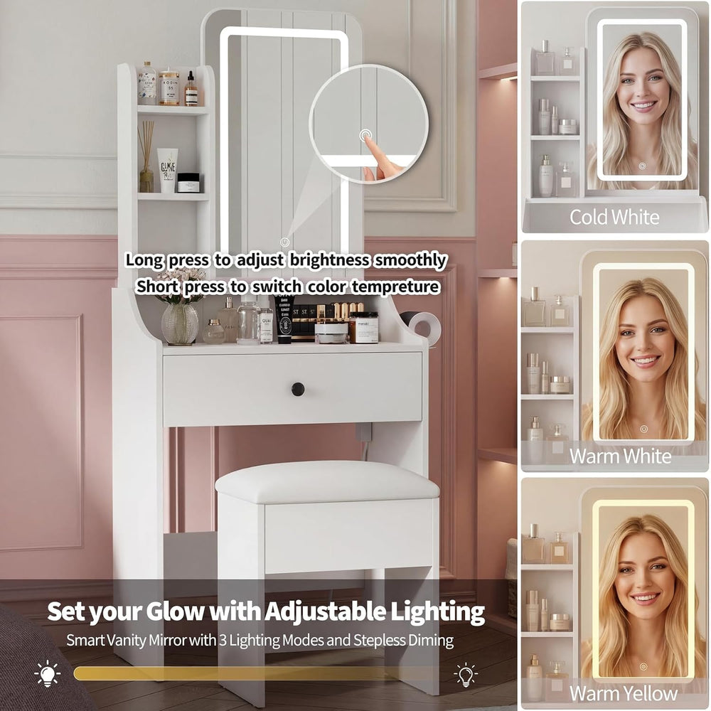 Small Vanity Desk with LED Light Mirror and Storage Bench, White | Small Vani...