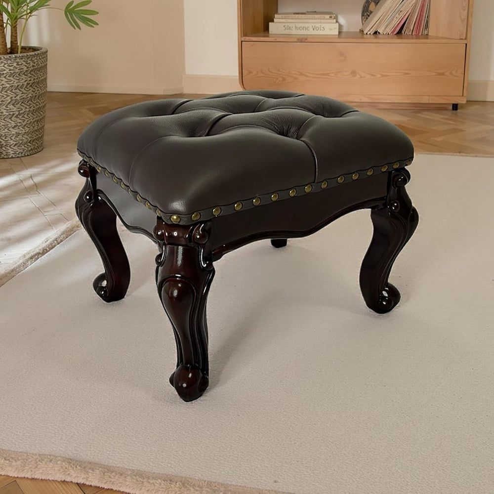 Leather Foot Stool,Vintage Footstools,Wooden Footrest,Upholstered Foot Rest f...