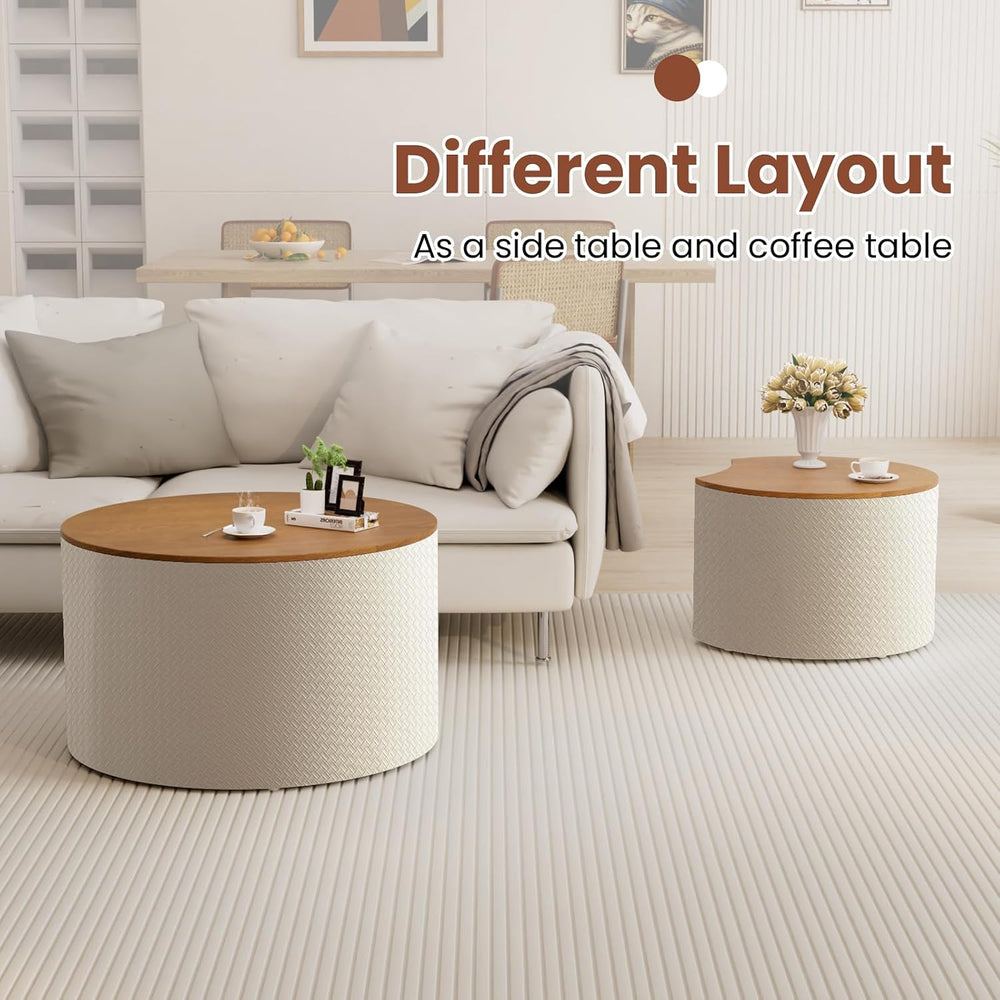 Round Nesting Coffee Table Set of 2 with Storage for Living Room (White) | Mo...