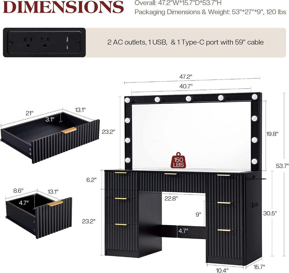 LUXOAK 47" Makeup Vanity Desk with Large Mirror & LED Lights, Black ...