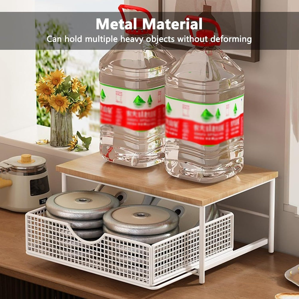Countertop Organizer for Kitchen with Drawer& Wire Basket- Sturdy Hardwoo...