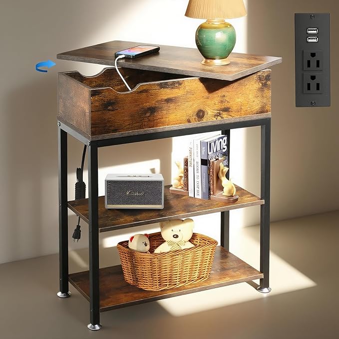 Rotating Top End Table with Charging Station, Side Table with USB Ports and O...
