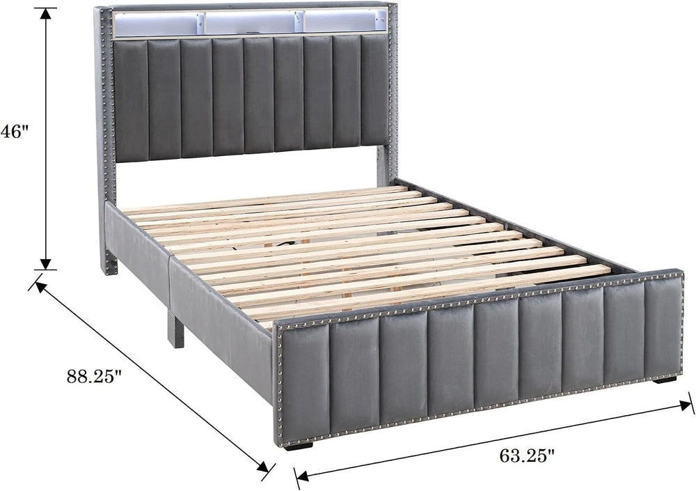 GOWE Bed Beautiful Dark Color 1pc Queen Storage Shelve LED Channel Tufting