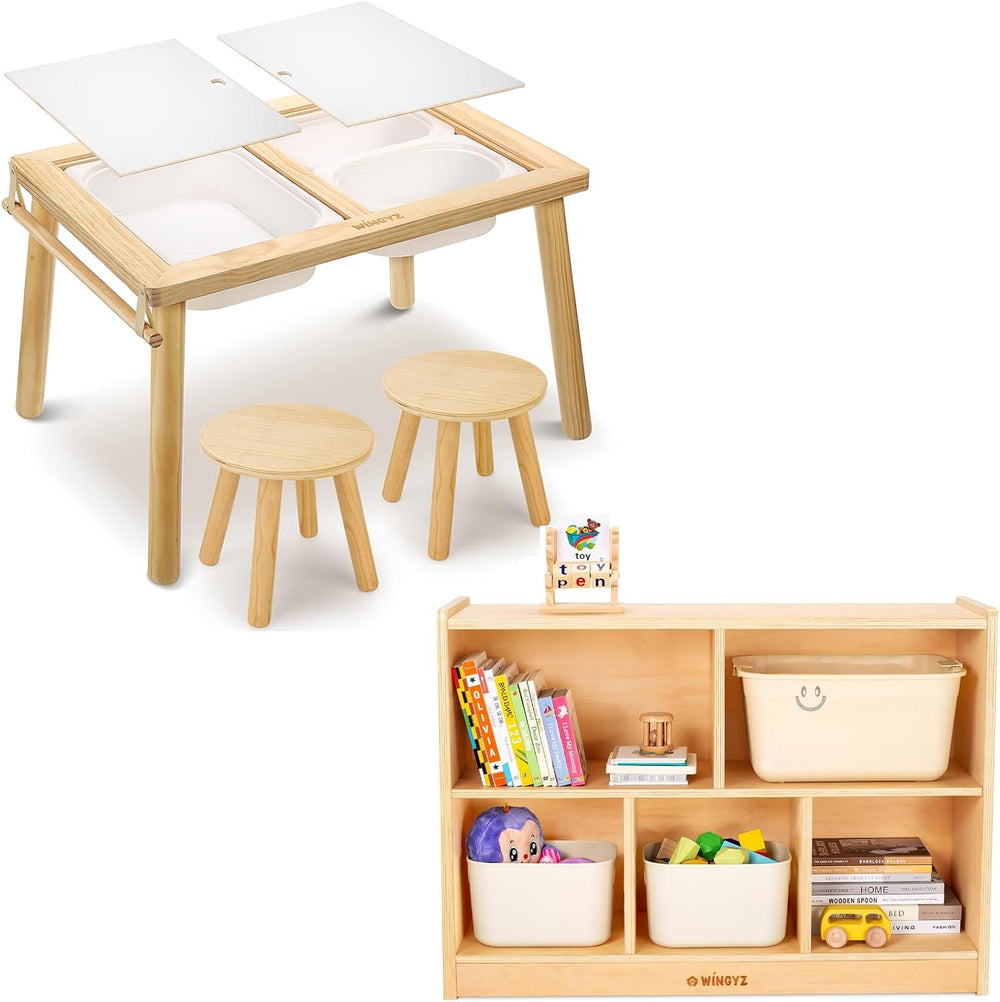 WINGYZ 3 in 1 Sensory Table and Chair Set + 5-Section Wood Storage Shelf Orga...
