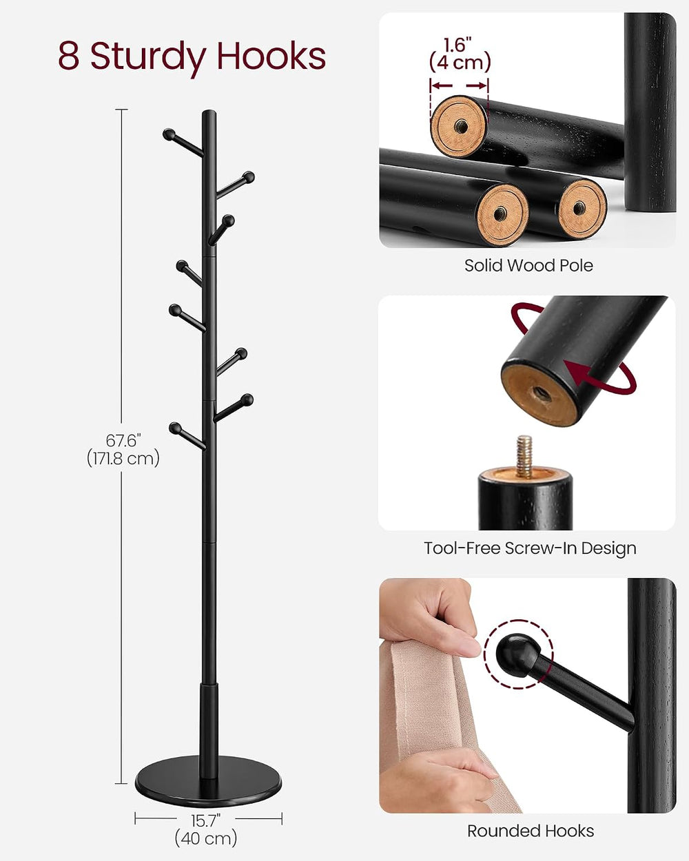 VASAGLE Solid Wood Coat Rack, Free Standing, 8 Hooks, 3 Height Options