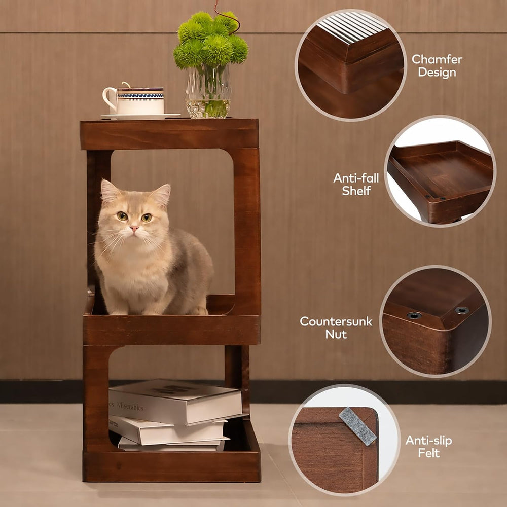 Solid Wood End Table, 3 Tier Small Side Table, Brown Accent Table