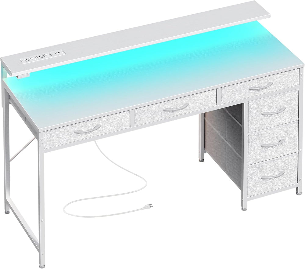 Huuger Gaming Desk with 6 Drawers, Computer Desk with LED Lights Power Outlet...