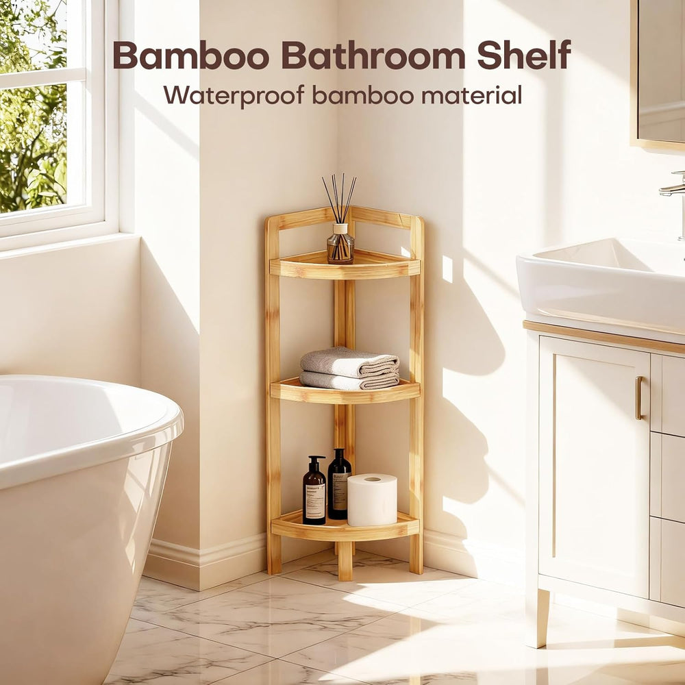 2026 New Bamboo Standing Shelf, 3 Tier Corner Shelf Stand, Free-Standing Shel...