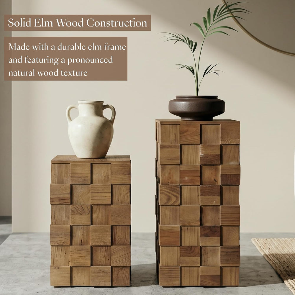 Nesting End Table, Textured Block Design Side Table, Natural | Solid Elm Wood...