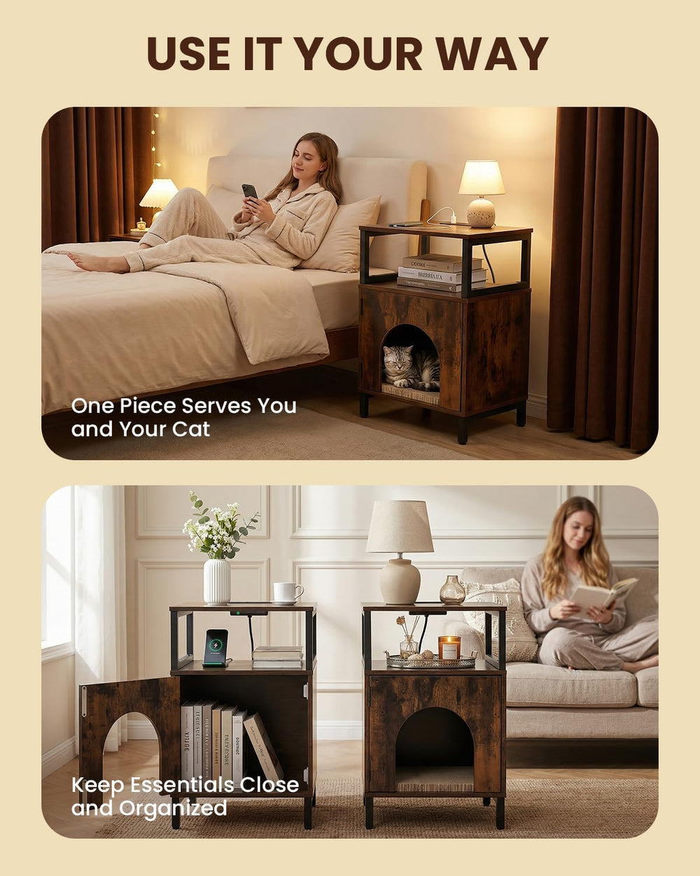 Cat Side Table with Charging Station & Storage Shelf, Small End Tables wi...