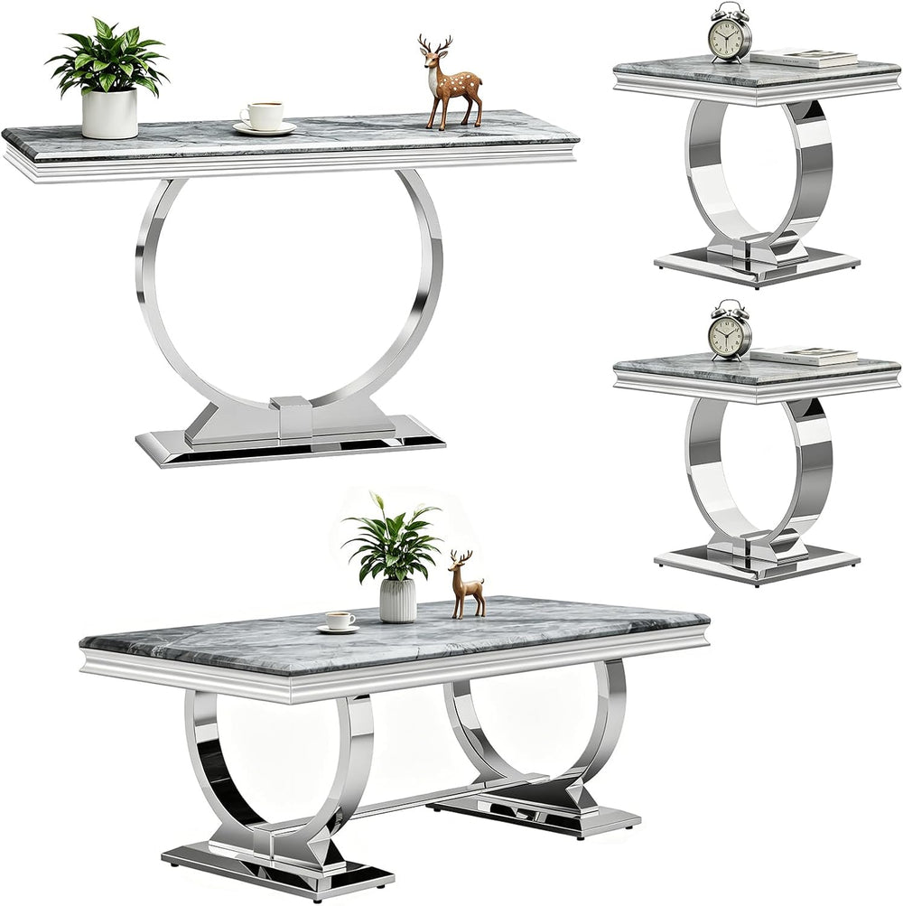 Asday 4 Piece Living Room Table Set, Grey Faux Marble and Silver Living Room ...