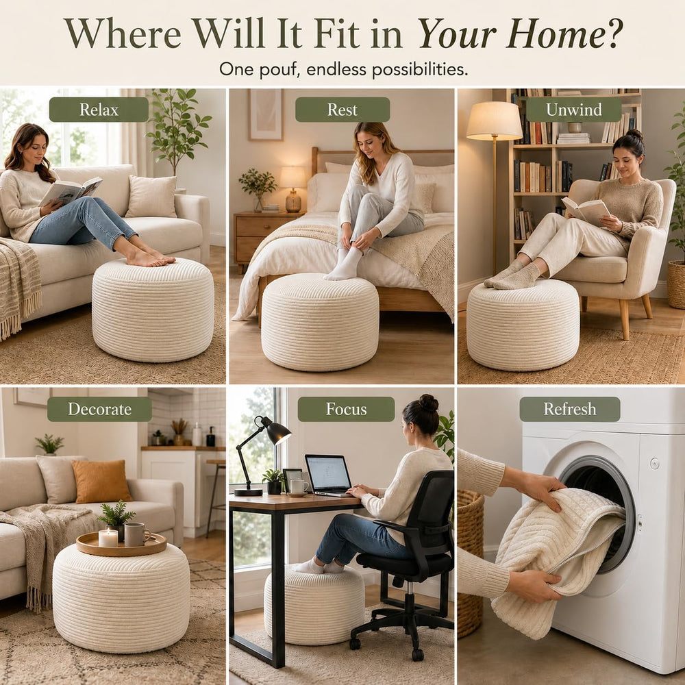Round Pouf Ottoman Foot Rest 20 X 15 - Floor Pouf for Living Room Seating, So...