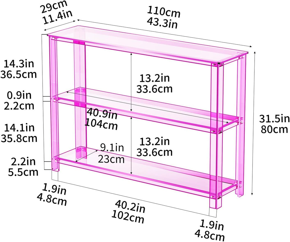 Acrylic Console Table, 3 Tier Entryway Table with Storage Shelves (Light Pink)