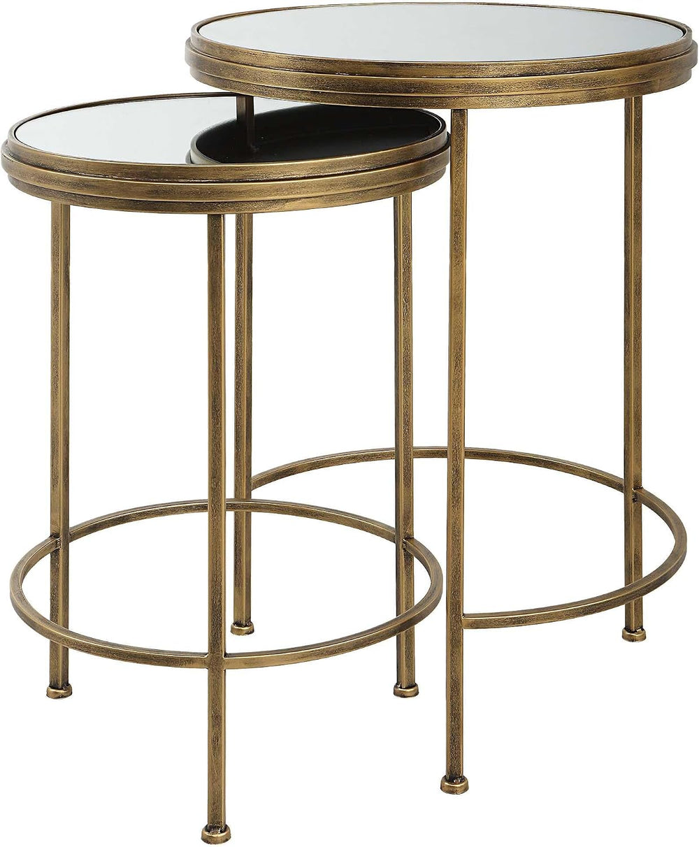 Set of 2 Antique Brushed Gold Iron Nesting Tables with Mirrored Glass Tops Mo...