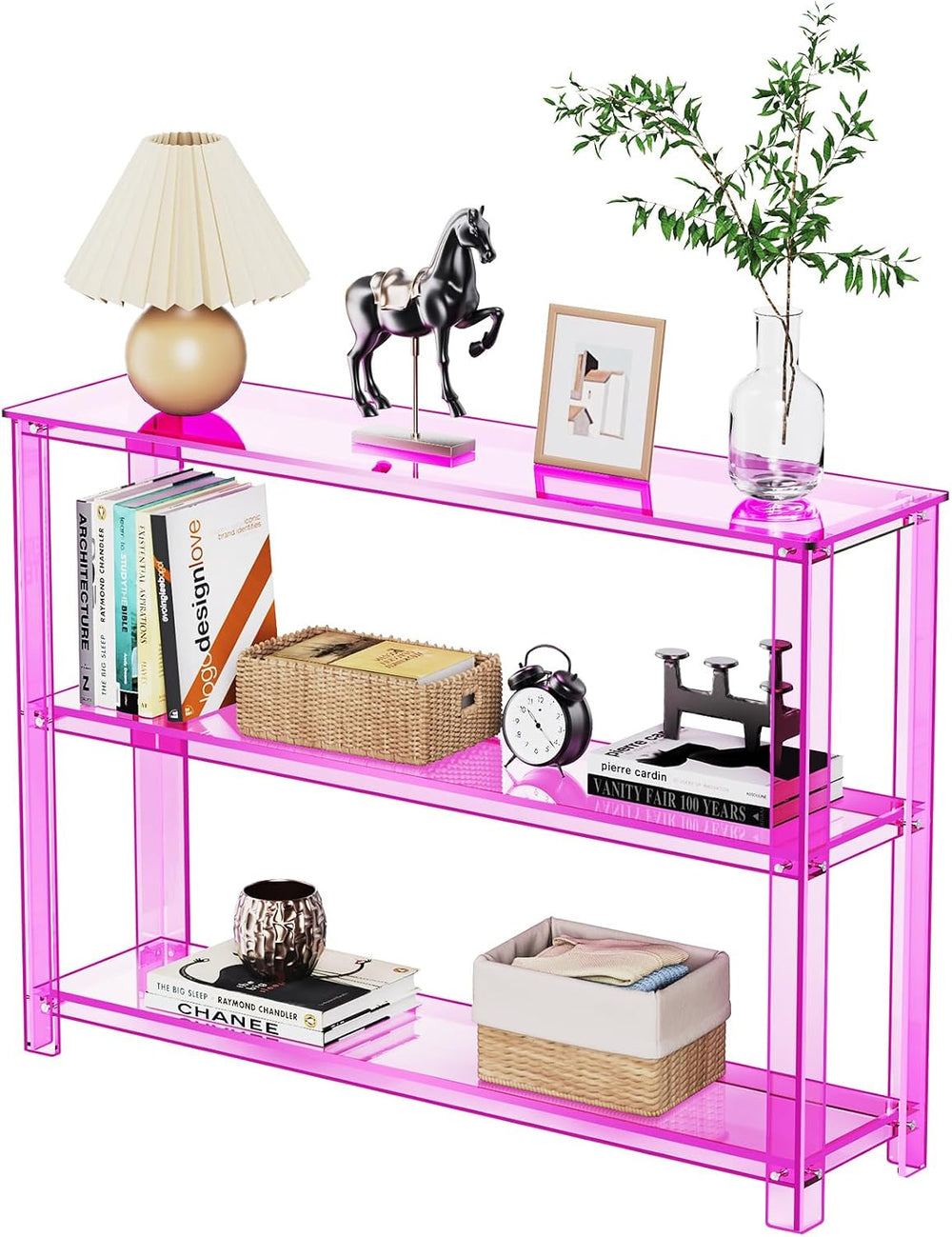 Acrylic Console Table, 3 Tier Entryway Table with Storage Shelves (Light Pink)