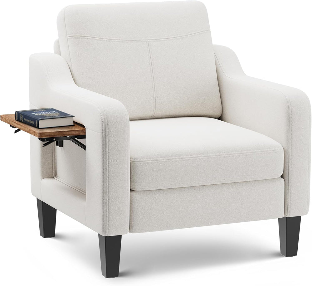 Upholstered Accent Chair with Foldable Side Table for Living Room | 2 Side Po...