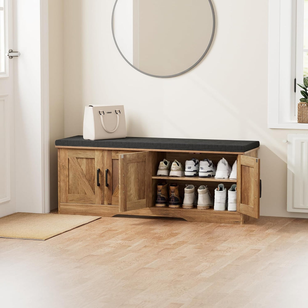 HOMSHO Farmhouse Shoe Storage Bench with 4 Barn Doors & Padded Seat Cushi...
