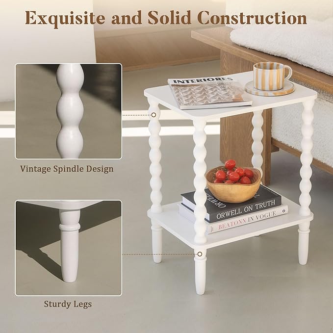 White End Table, Small Side Table with Storage Shelf, 2-Tier Modern NightStan...