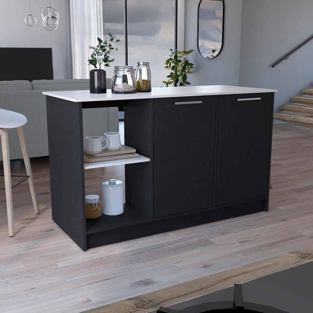 Kitchen Island with Large Top Surface and Double Door Cabinet Black/Ivory | I...