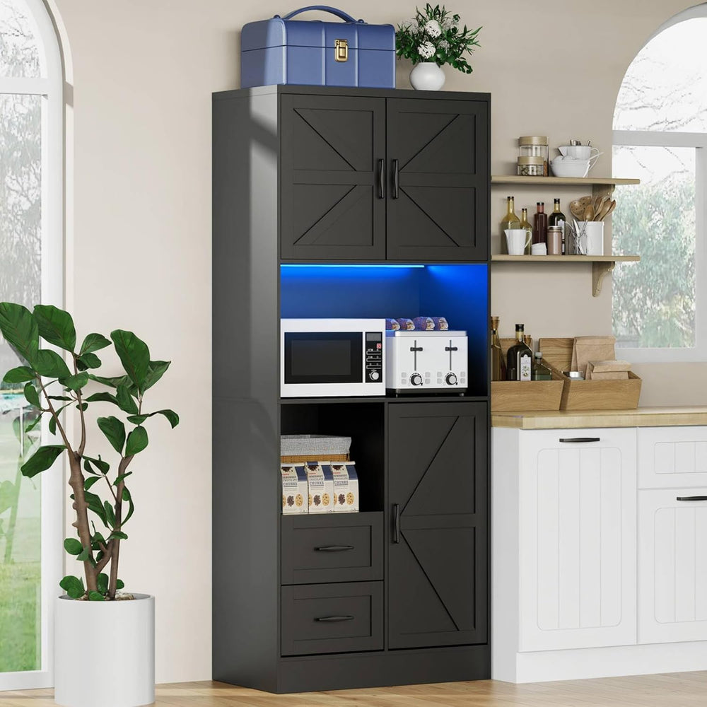 Bigbiglife Farmhouse Kitchen Pantry Cabinet with LED Lights and Power Strip, ...